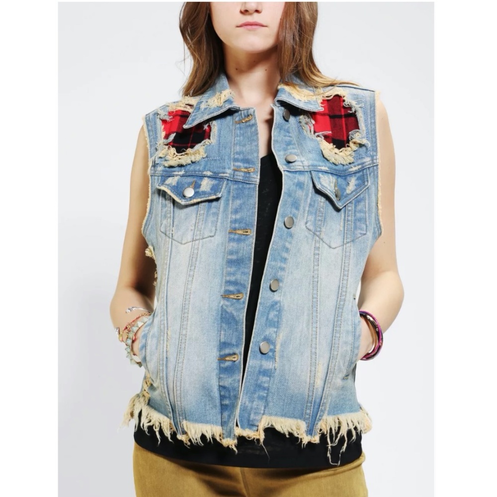 Unif  Urban Outfitters Pieced Buffalo Plaid Denim Cutoff Vest Size M